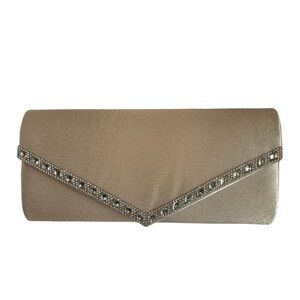 NWOT Elegant Envelope Shiny Rhinestone Beaded Gold Tan Clutch Handbag Purse